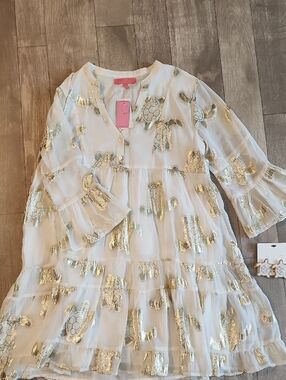 Gold Foil Turtle Tiered Dress - White